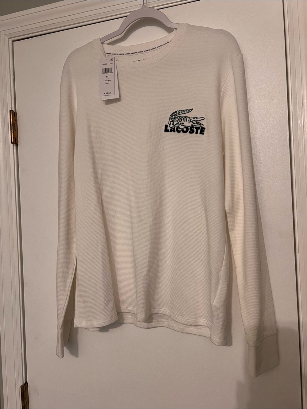 Lacoste White Waffle Knit Crewneck with Navy Logo